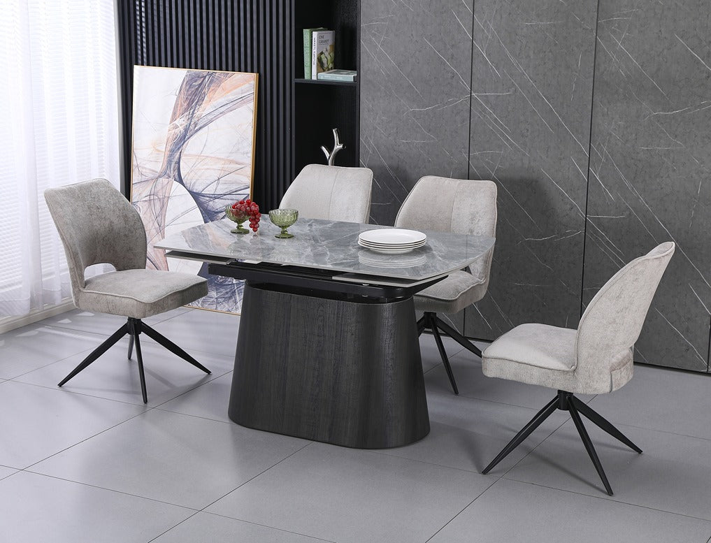 Cleo Twist Wood Dining Set Grey with Green Tulip 360 Auto Spin Chairs with Armrest