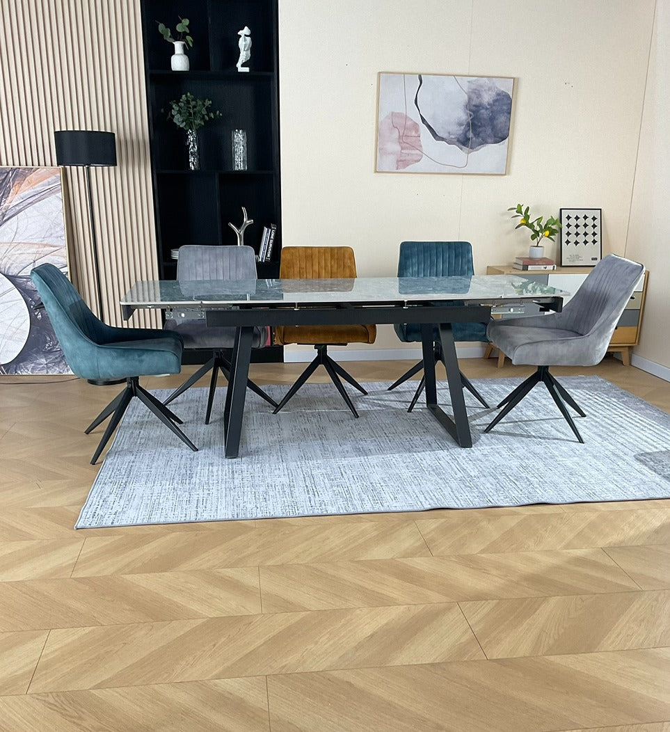 Douglas Dining Table Set Green with 6 Russell 360 Auto Spin Chairs Mixed Colour