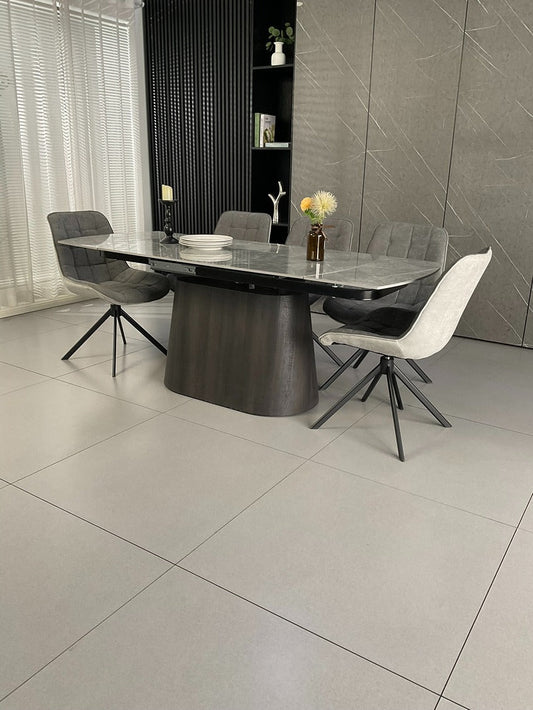 Cleo Twist Wood Dining Set Grey with 6 Grey Larkin 360 Auto Spin Chair