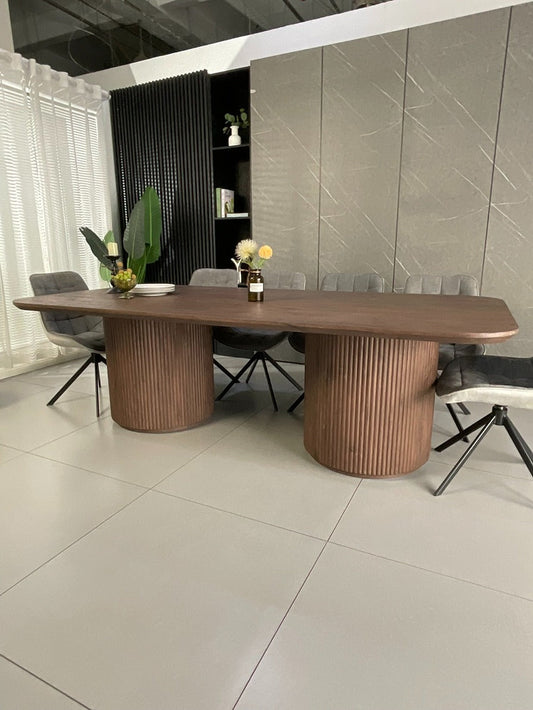 Windsor Walnut Finish Dining Set with Grey Larkin 360 Auto Spin Chair