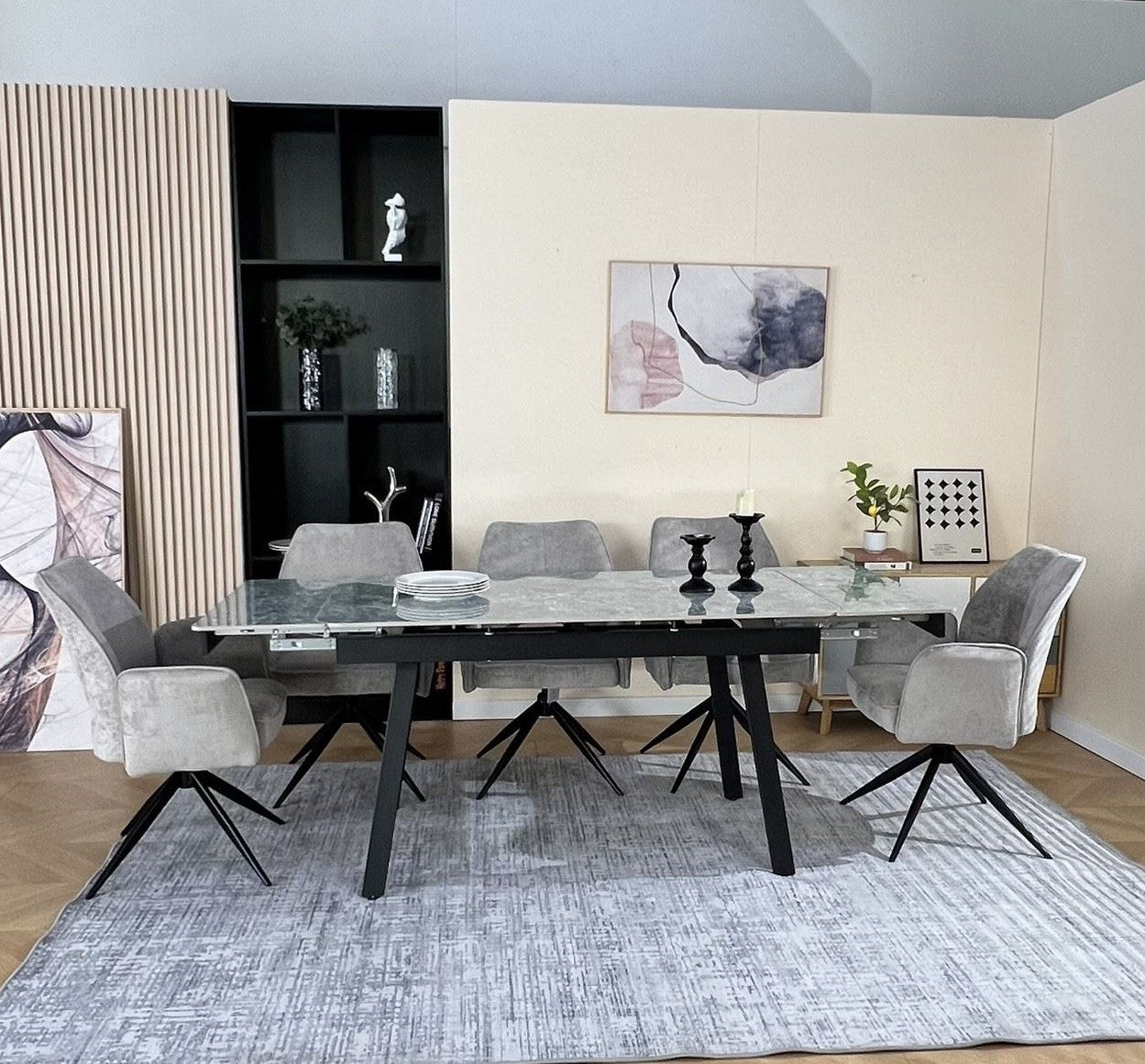 Marlow Green Ceramic Dining Set with 6 Tulip 360 Auto Spin Chair with Armrest Grey