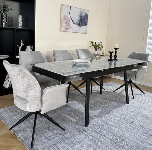 Marlow Green Ceramic Dining Set with 6 Tulip 360 Auto Spin Chair with Armrest Grey