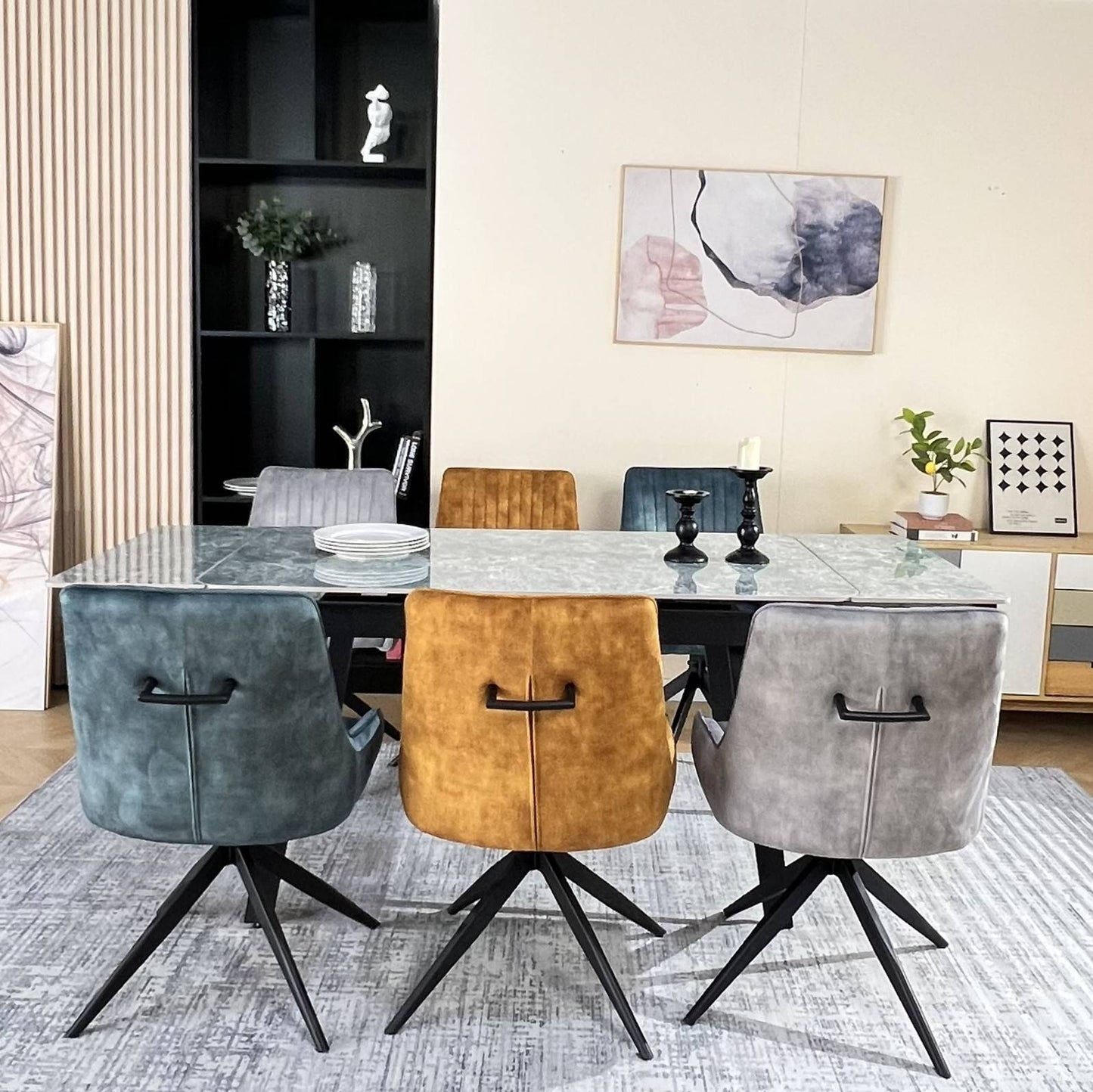 Marlow Green Ceramic Dining Set with 6 Russell 360 Auto Spin Chair Mixed Colours