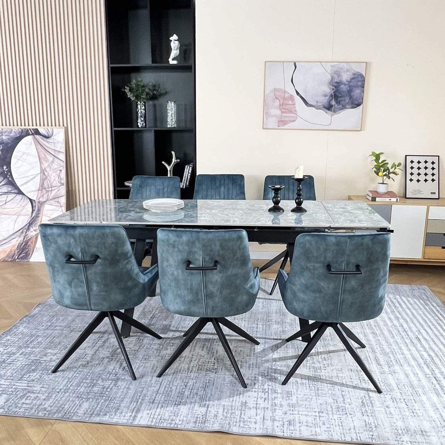 Marlow Green Ceramic Dining Set with 6 Russell 360 Auto Spin Chairs Teal Blue