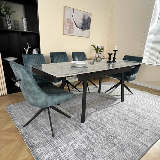 Marlow Green Ceramic Dining Set with 6 Russell 360 Auto Spin Chairs Teal Blue