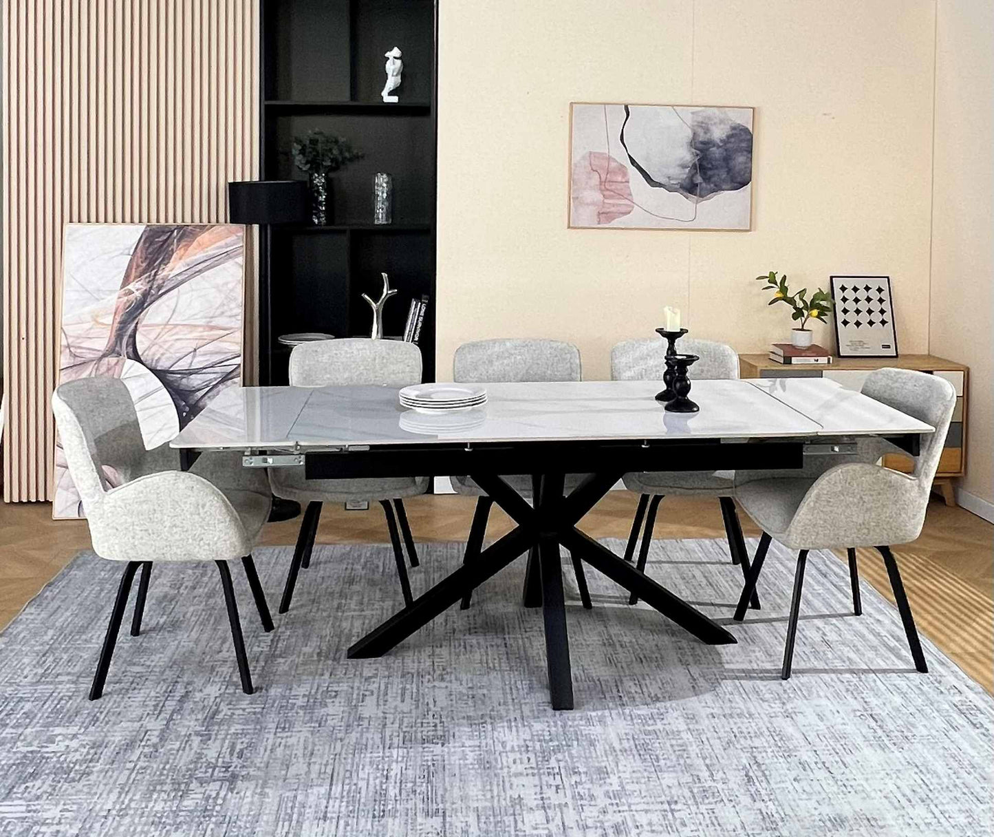 Oxford Dining Table Set White with 6 Brutas 360 Auto Spin Chairs Hevre 22