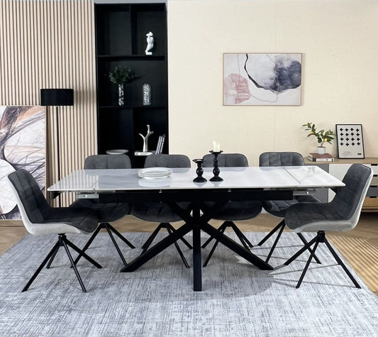 Oxford White Dining Table Set with 6 Larkin 360 Auto Spin Chairs Grey