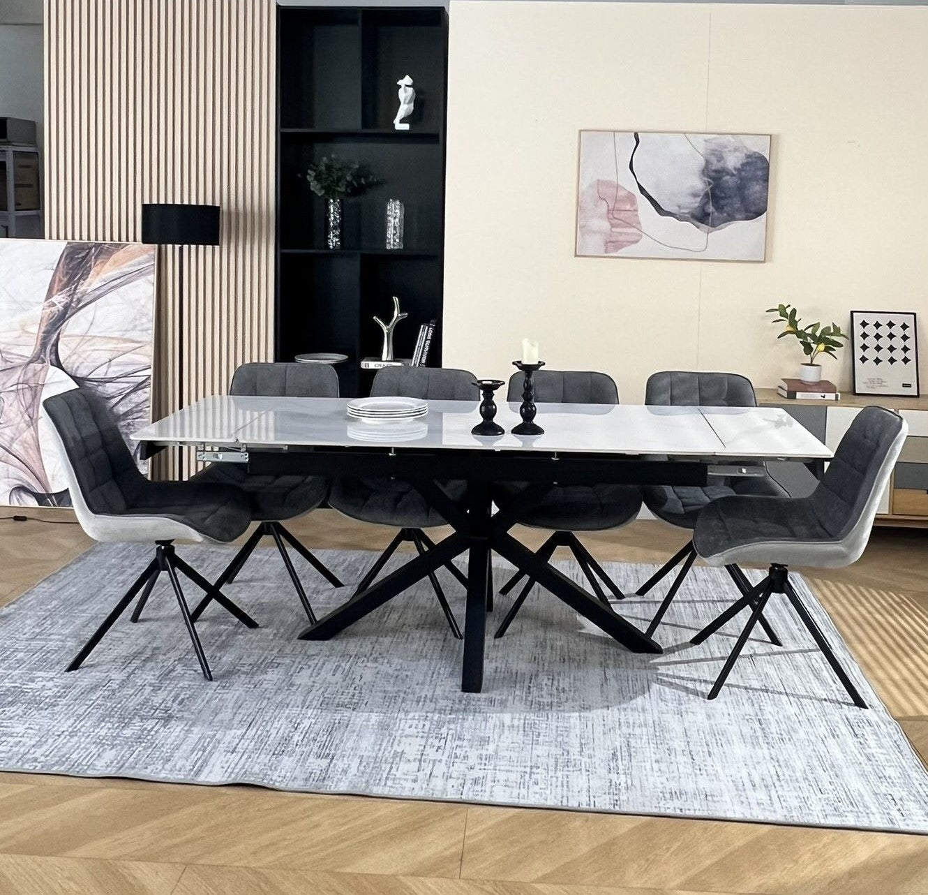Oxford White Dining Table Set with 6 Larkin 360 Auto Spin Chairs Grey