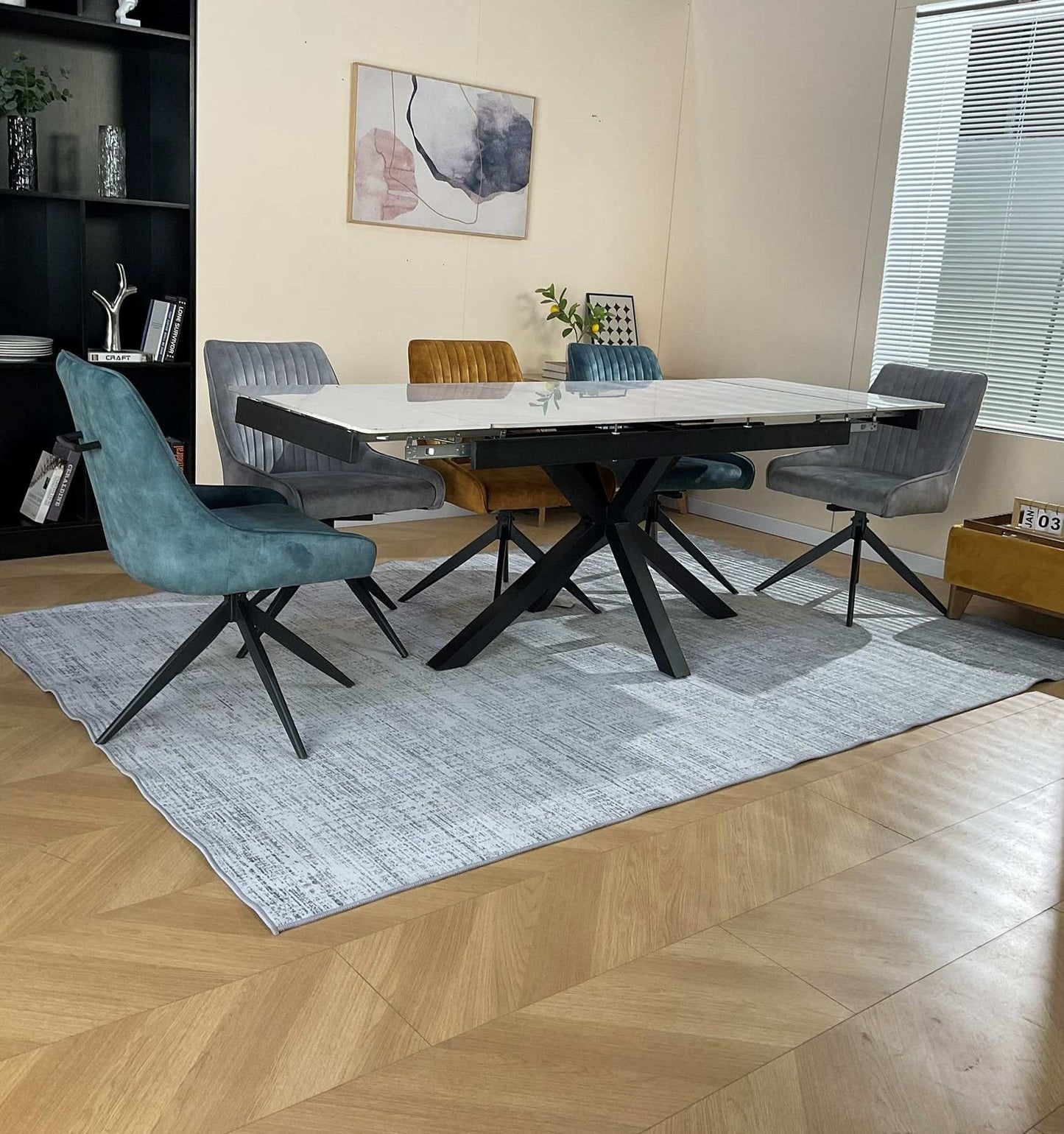 Oxford White Dining Table Set with 6 Russell 360 Auto Spin Chairs Mixed Colour