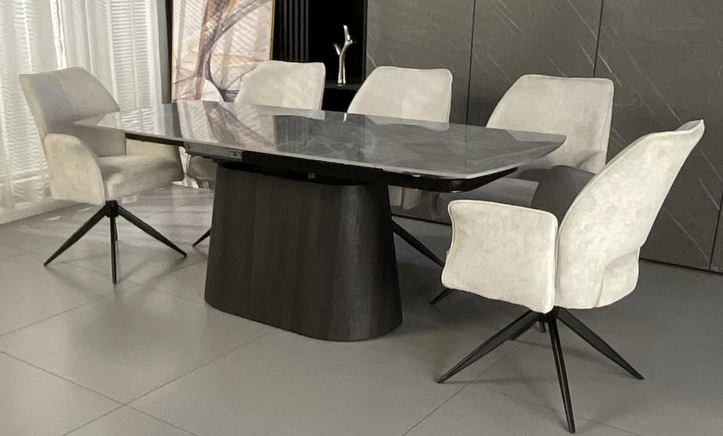 Cleo Twist Dining Set Grey with White Tulip 360 Auto Spin Chairs with Armrest