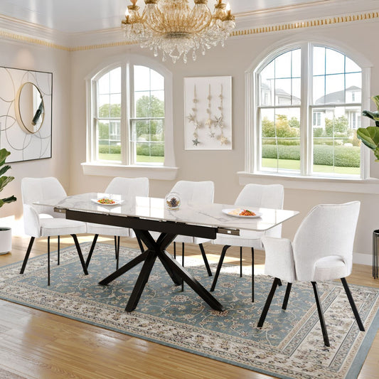 Oxford Black and 6 Tulip Chairs White with Armrest Dining Set