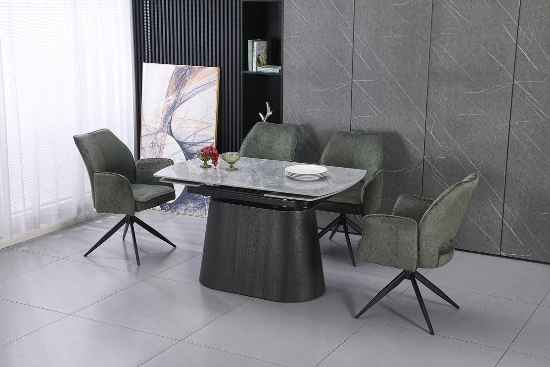 Cleo Twist Wood Dining Set Grey with Green Tulip 360 Auto Spin Chairs with Armrest