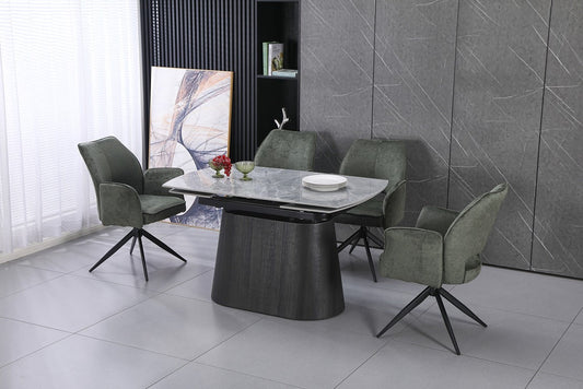 Cleo Twist Wood Dining Set Grey with Green Tulip 360 Auto Spin Chairs with Armrest