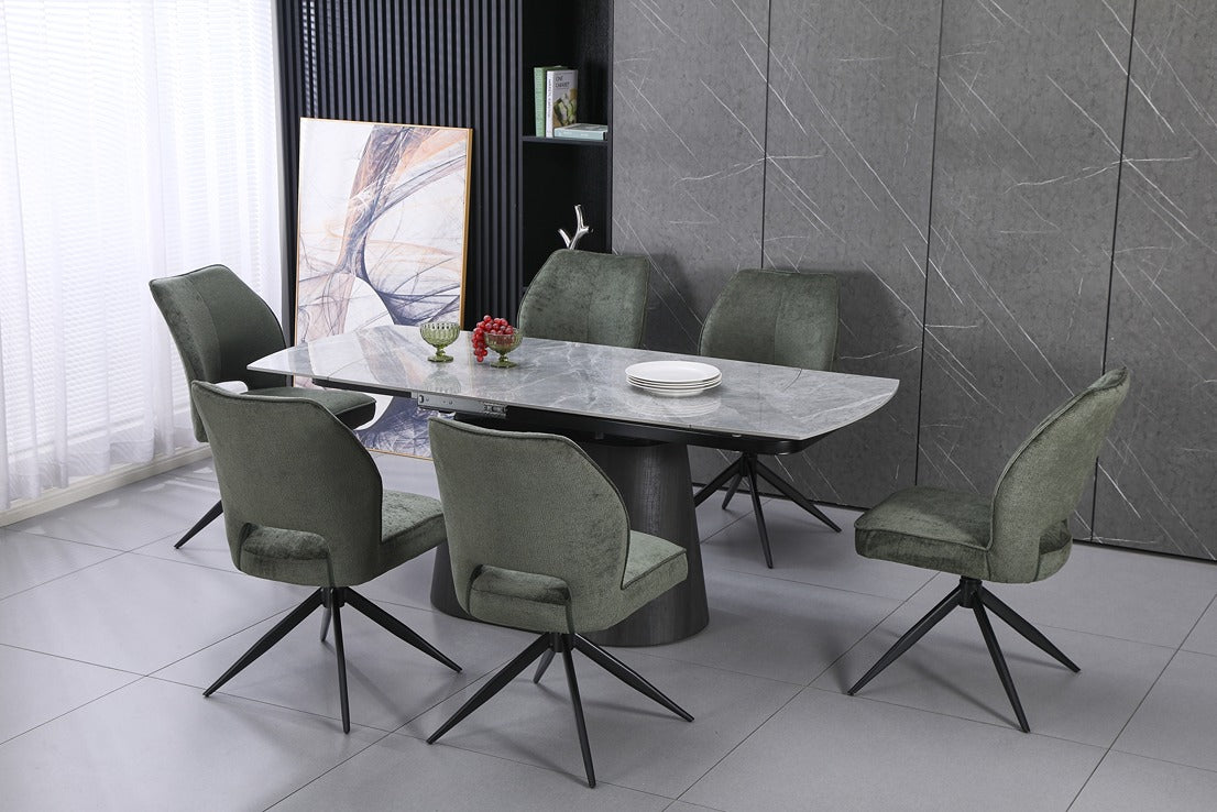 Cleo Twist Wood Dining Set Grey with Green Tulip 360 Auto Spin Chairs with Armrest