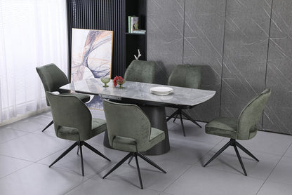 Cleo Twist Wood Dining Set Grey with Green Tulip 360 Auto Spin Chairs with Armrest