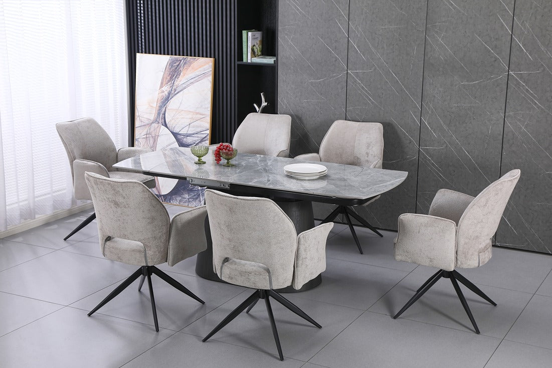 Cleo Twist Wood Dining Set Grey with Green Tulip 360 Auto Spin Chairs with Armrest