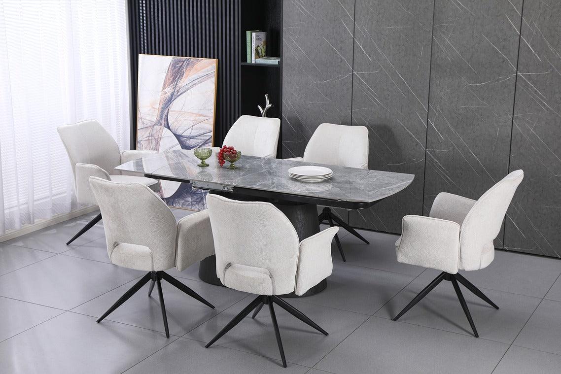 Cleo Twist Wood Dining Set Grey with Green Tulip 360 Auto Spin Chairs with Armrest