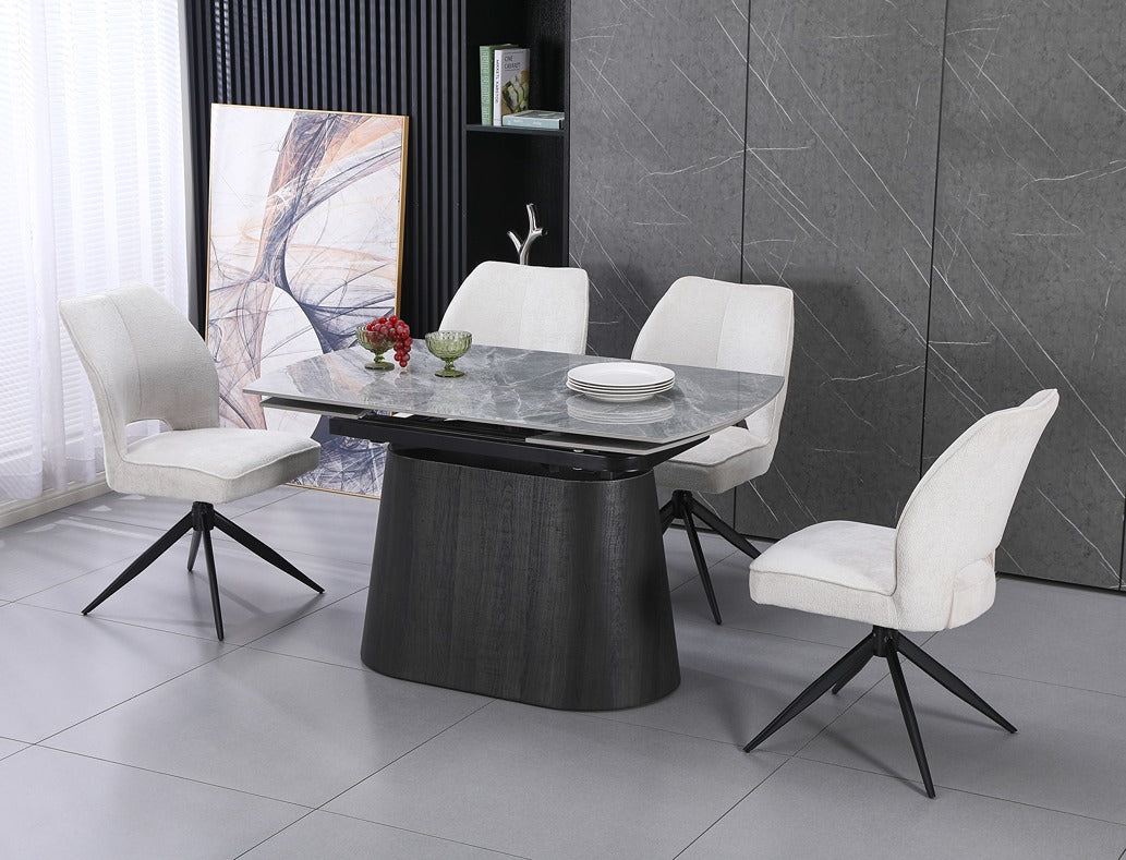 Cleo Twist Wood Dining Set Grey with Green Tulip 360 Auto Spin Chairs with Armrest