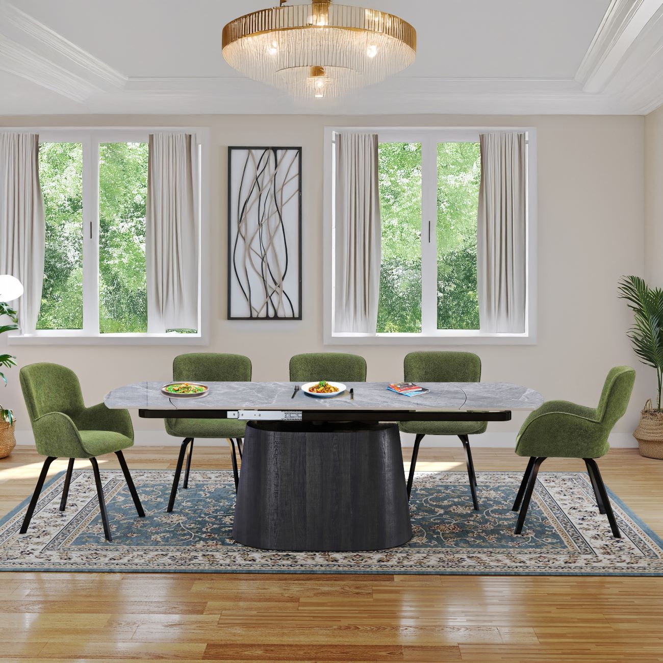 Cleo Twist Grey and 6 Brutas Chairs Green Dining Set