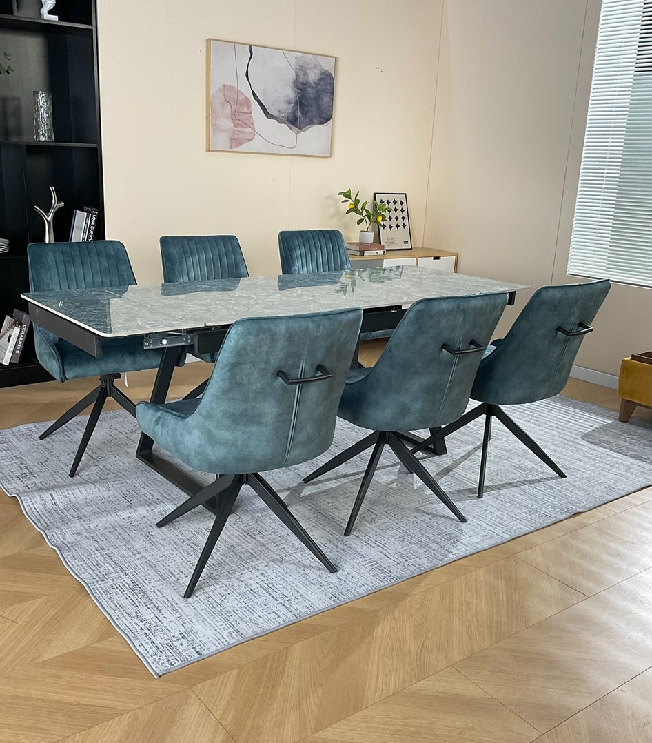 Douglas Dining Table Set Green with 6 Russell 360 Auto Spin Chairs Green