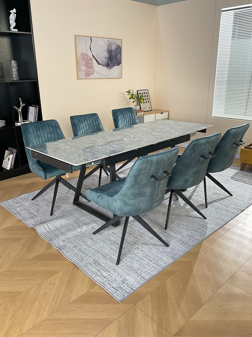 Douglas Dining Table Set Green with 6 Russell 360 Auto Spin Chairs Green