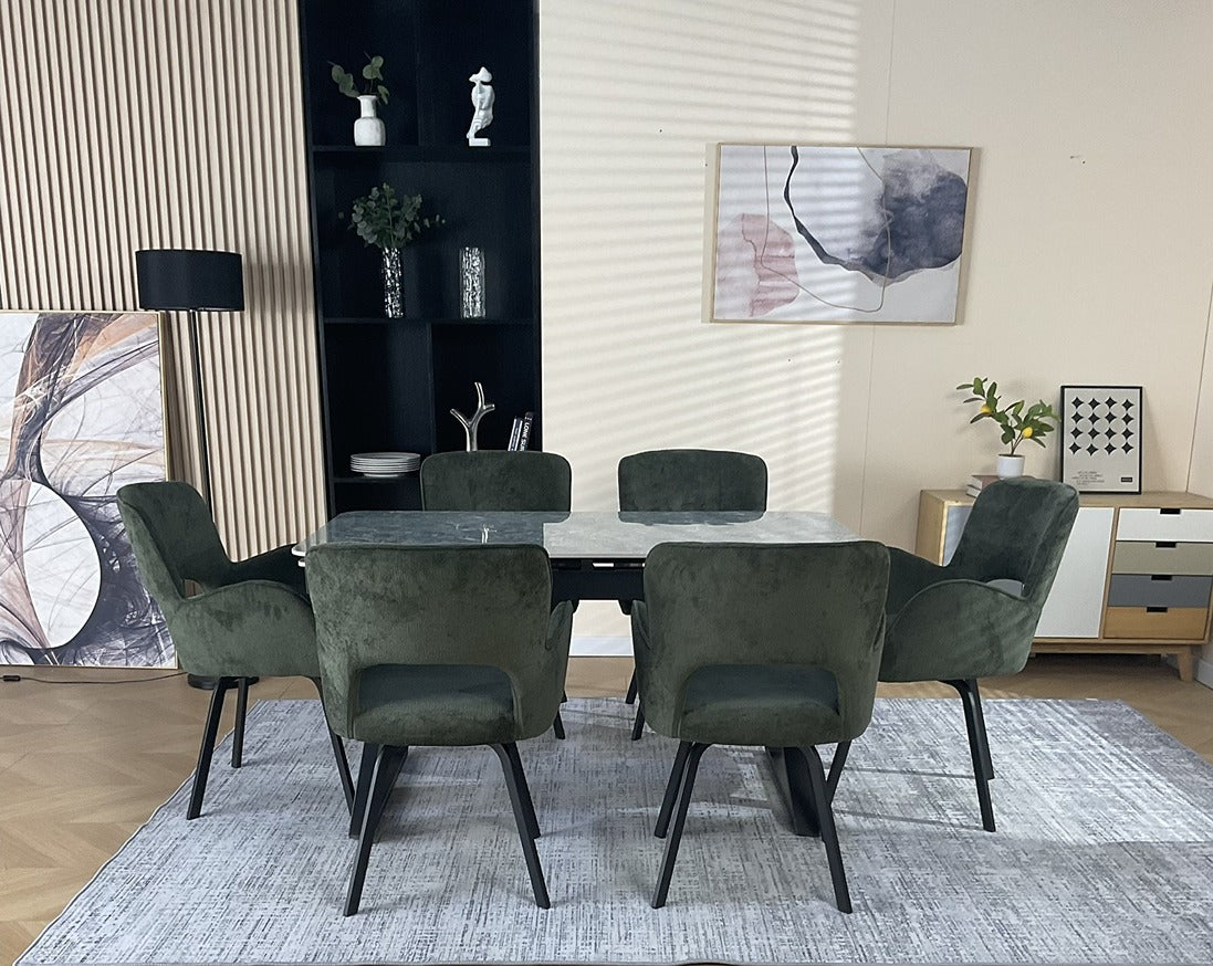 Douglas Dining Table Set Green with 6 Brutas 360 Auto Spin Chairs Green