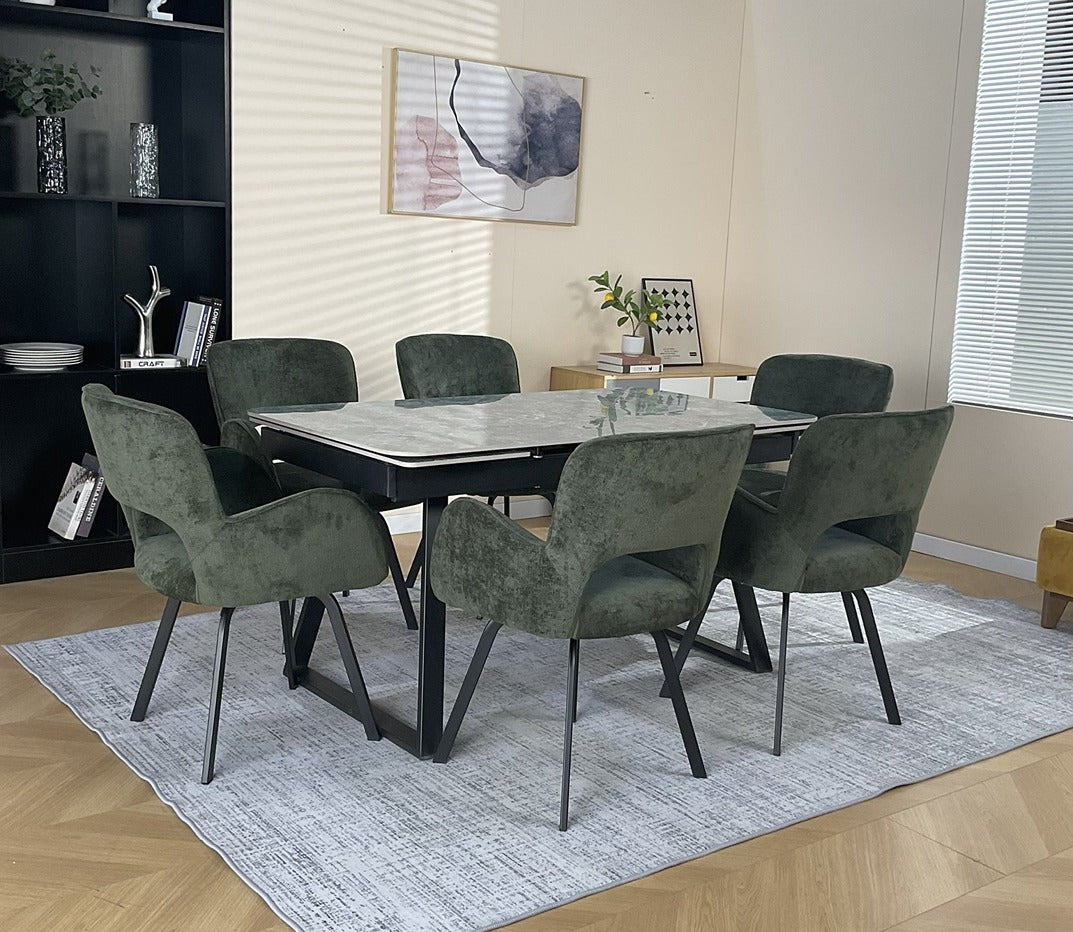 Douglas Dining Table Set Green with 6 Brutas 360 Auto Spin Chairs Green