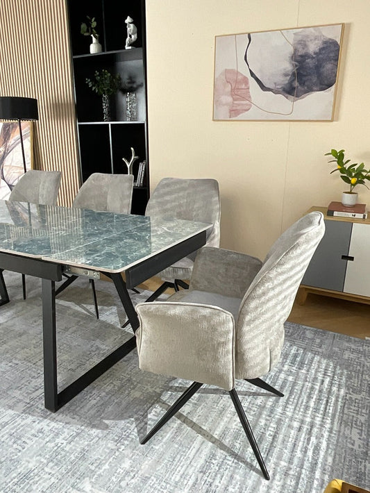 Douglas Dining Table Set Green with 6 Tulip 360 Auto Spin Chairs with Armrest Grey