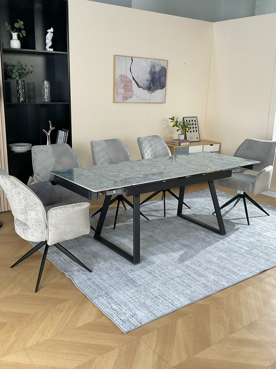 Douglas Dining Table Set Green with 6 Tulip 360 Auto Spin Chairs with Armrest Grey