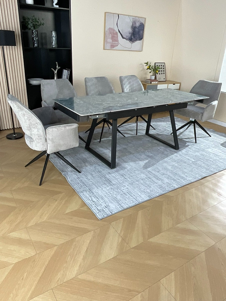 Douglas Dining Table Set Green with 6 Tulip 360 Auto Spin Chairs with Armrest Grey