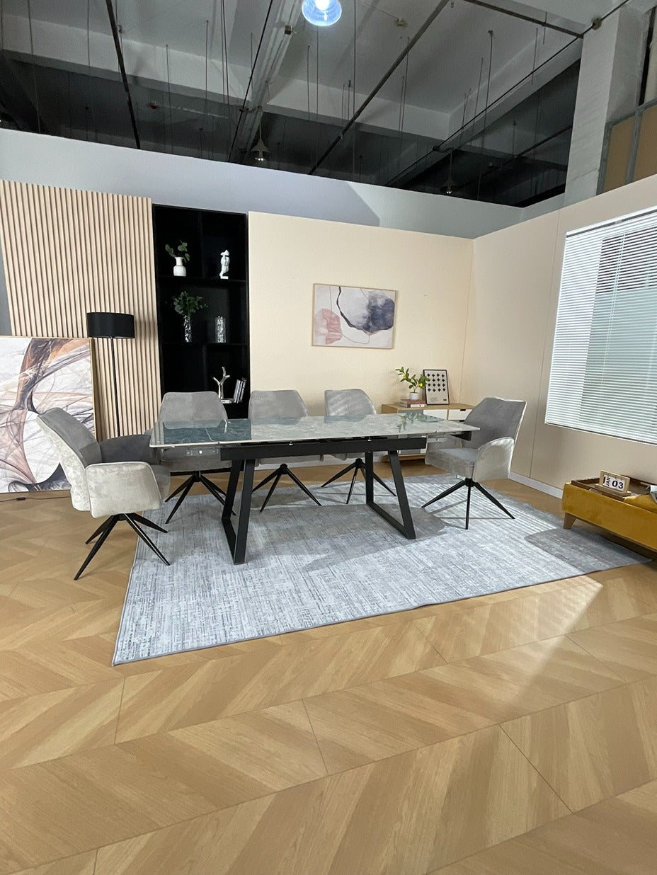 Douglas Dining Table Set Green with 6 Tulip 360 Auto Spin Chairs with Armrest Grey