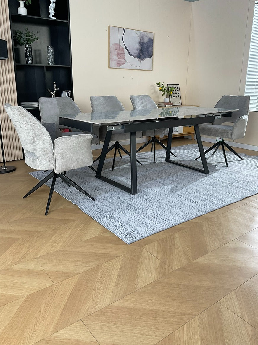 Douglas Dining Table Set Green with 6 Tulip 360 Auto Spin Chairs with Armrest Grey