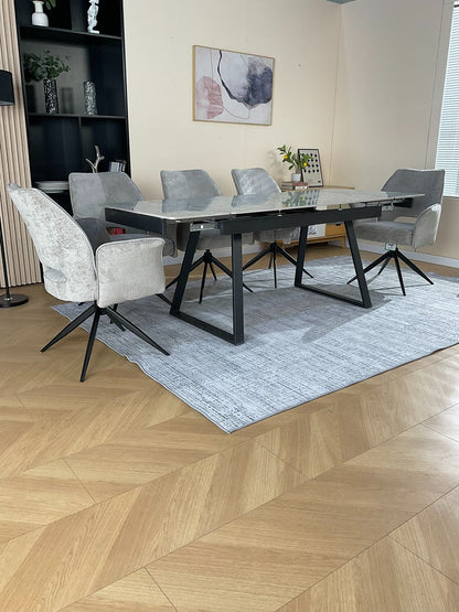 Douglas Dining Table Set Green with 6 Tulip 360 Auto Spin Chairs with Armrest Grey