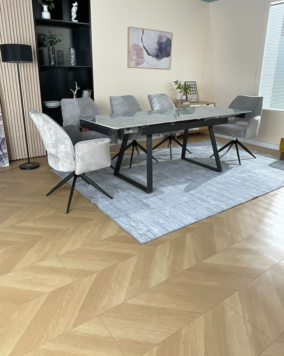 Douglas Dining Table Set Green with 6 Tulip 360 Auto Spin Chairs with Armrest Grey