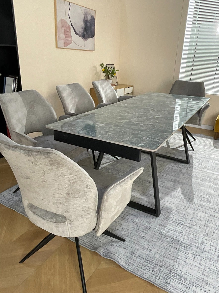 Douglas Dining Table Set Green with 6 Tulip 360 Auto Spin Chairs with Armrest Grey