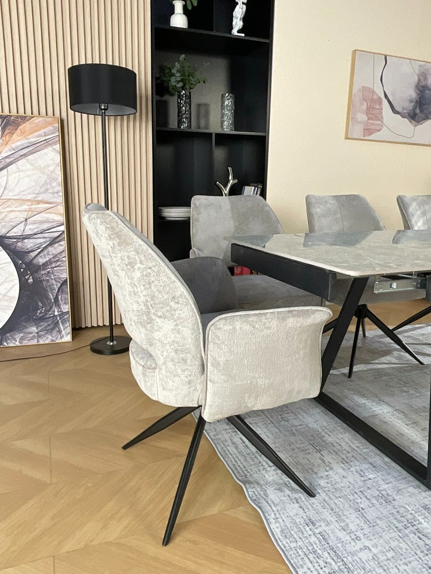 Douglas Dining Table Set Green with 6 Tulip 360 Auto Spin Chairs with Armrest Grey