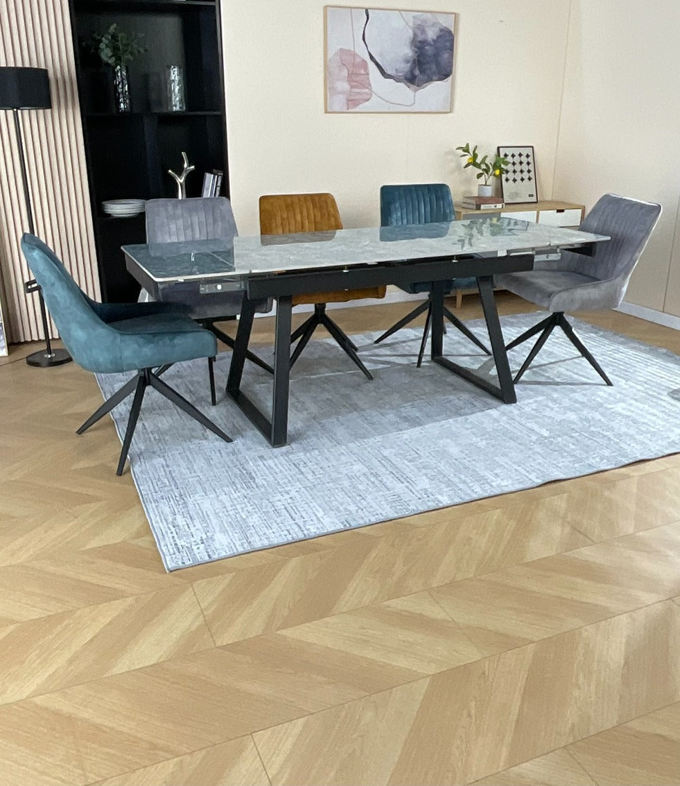 Douglas Dining Table Set Green with 6 Russell 360 Auto Spin Chairs Mixed Colour