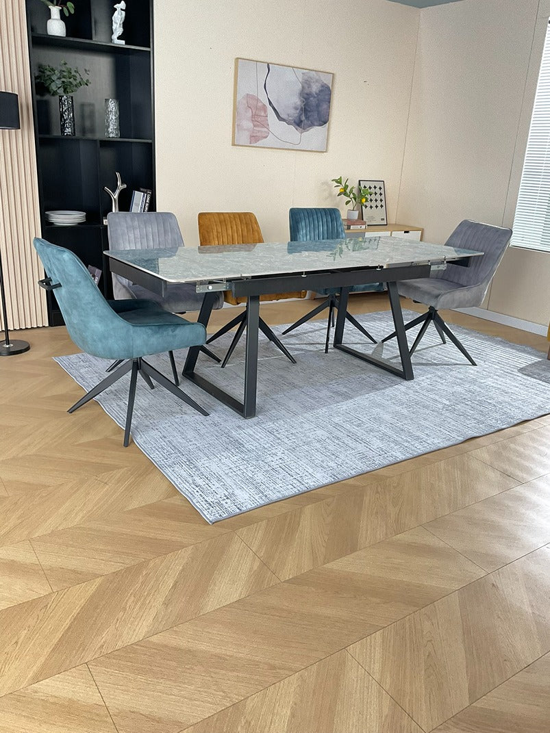 Douglas Dining Table Set Green with 6 Russell 360 Auto Spin Chairs Mixed Colour