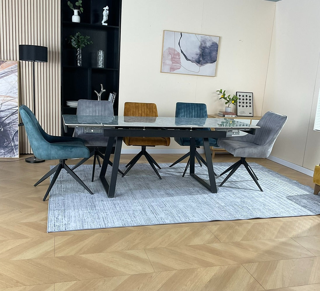 Douglas Dining Table Set Green with 6 Russell 360 Auto Spin Chairs Mixed Colour