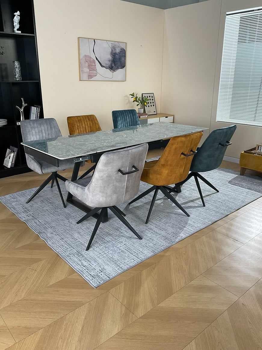 Douglas Dining Table Set Green with 6 Russell 360 Auto Spin Chairs Mixed Colour