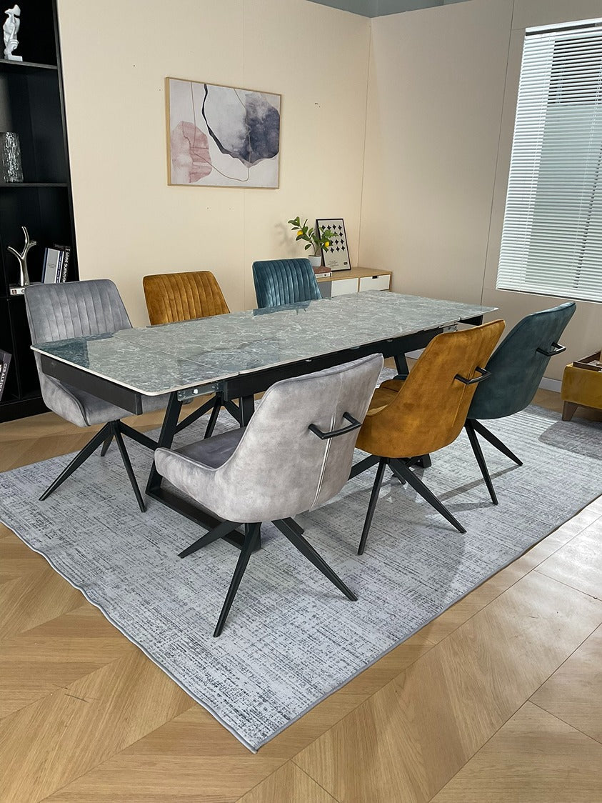 Douglas Dining Table Set Green with 6 Russell 360 Auto Spin Chairs Mixed Colour