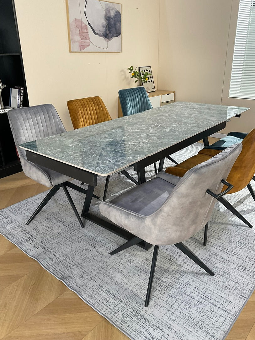 Douglas Dining Table Set Green with 6 Russell 360 Auto Spin Chairs Mixed Colour