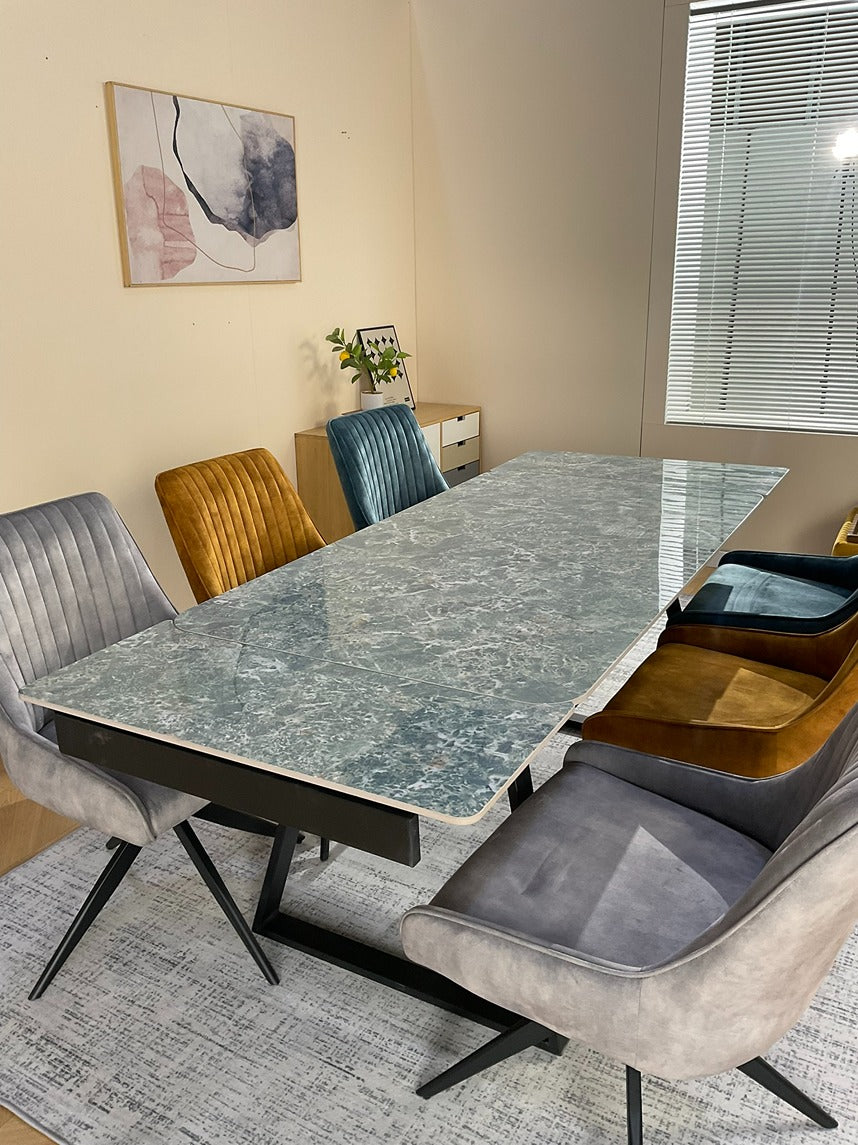 Douglas Dining Table Set Green with 6 Russell 360 Auto Spin Chairs Mixed Colour