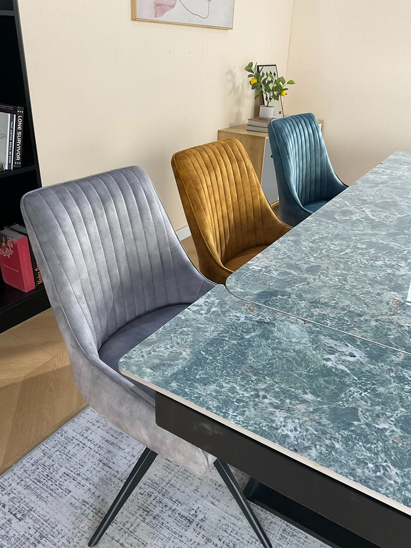 Douglas Dining Table Set Green with 6 Russell 360 Auto Spin Chairs Mixed Colour