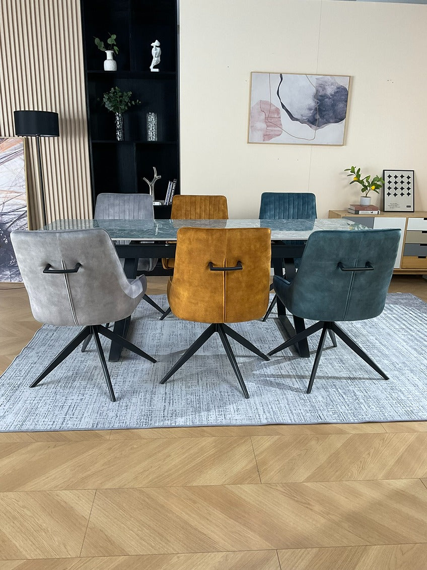 Douglas Dining Table Set Green with 6 Russell 360 Auto Spin Chairs Mixed Colour