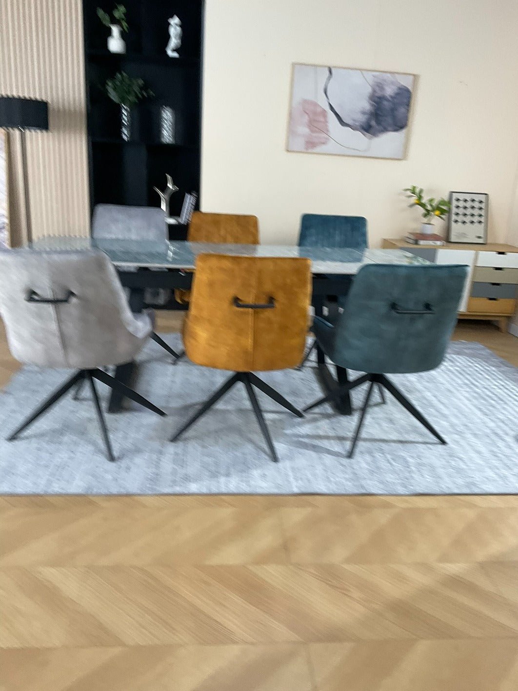 Douglas Dining Table Set Green with 6 Russell 360 Auto Spin Chairs Mixed Colour