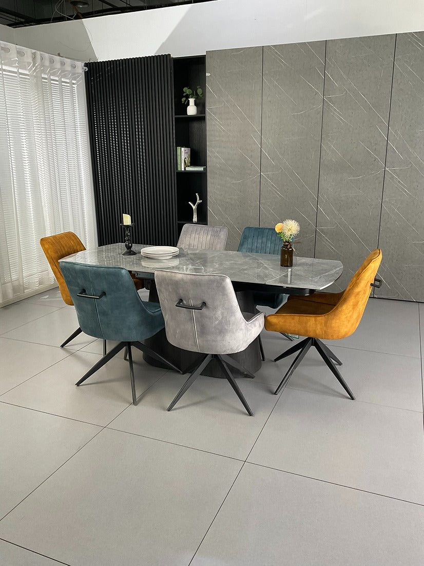 Cleo Twist Wood Dining Set Grey with 6 Mixed Colour Russell Chairs