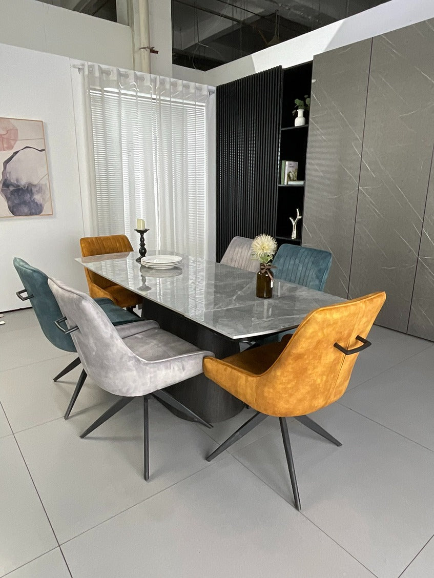 Cleo Twist Wood Dining Set Grey with 6 Mixed Colour Russell Chairs