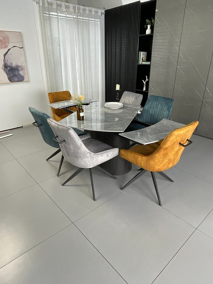 Cleo Twist Wood Dining Set Grey with 6 Mixed Colour Russell Chairs