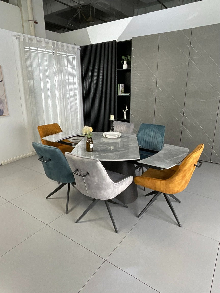 Cleo Twist Wood Dining Set Grey with 6 Mixed Colour Russell Chairs